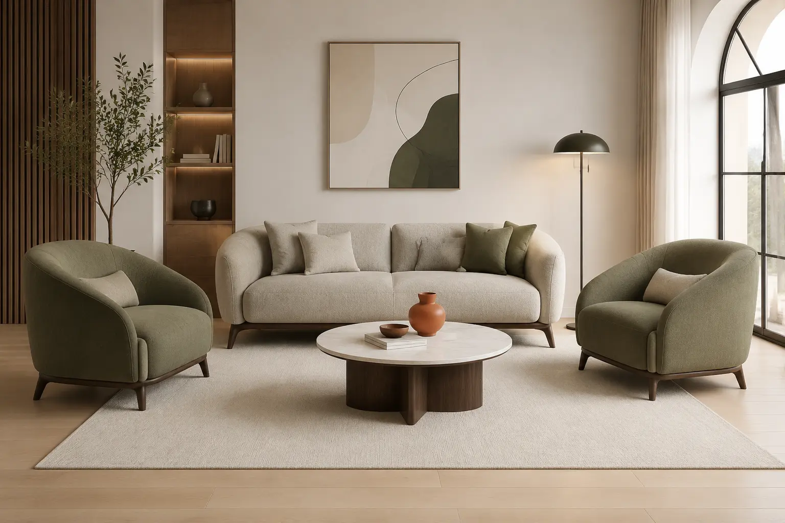 Krem koltuk ve yeşil berjerlerden oluşan salon takımı